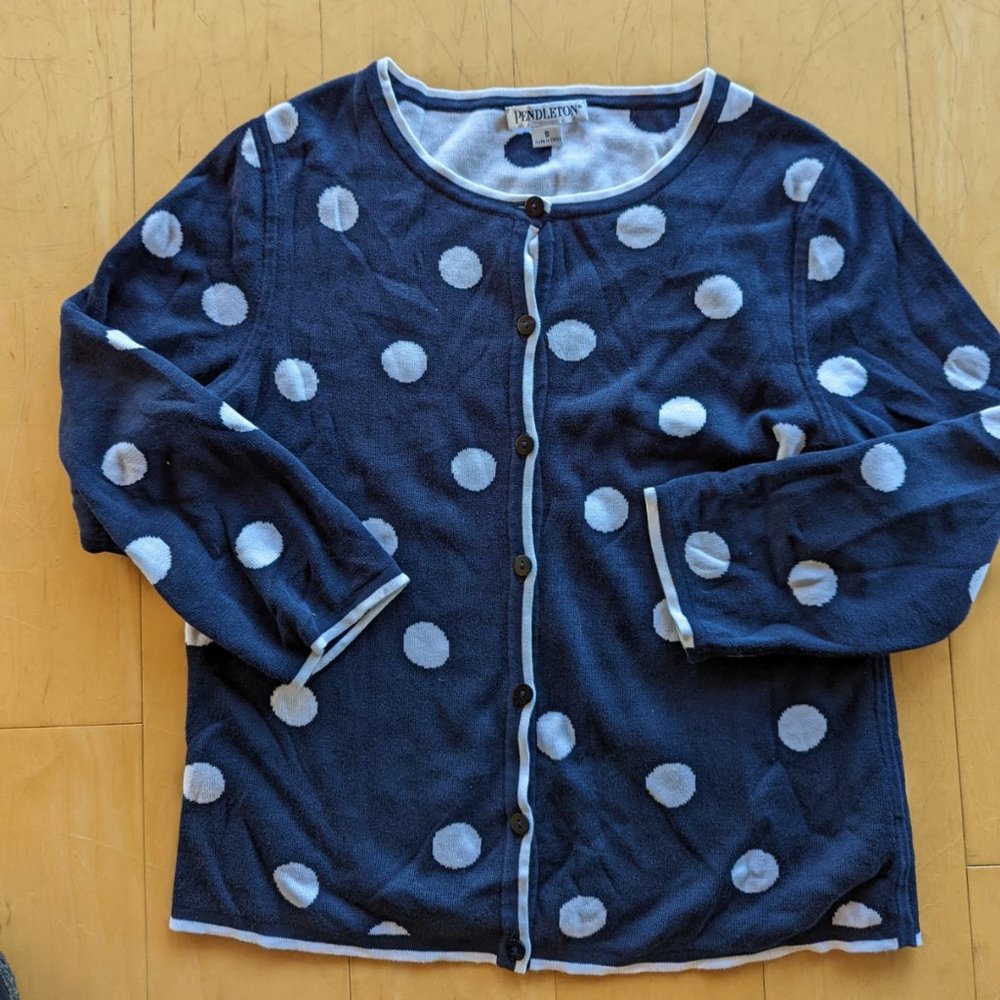 Pendleton navy/white reversible polka dot cotton cardigan sweater
